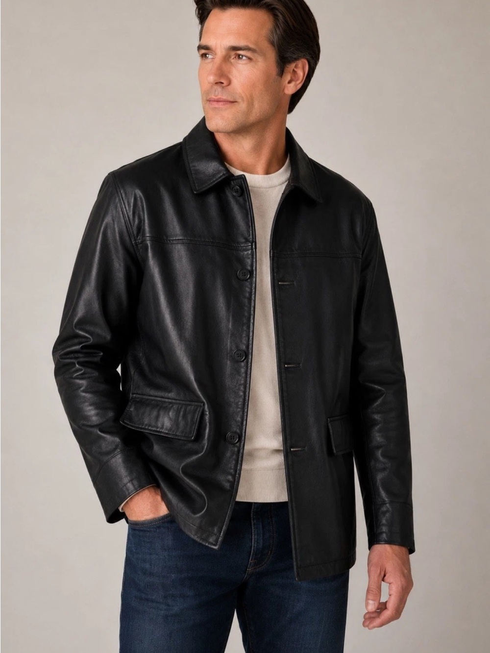 Mazzoni Leather Jacket Men's Black Button Up, All Leather, XL